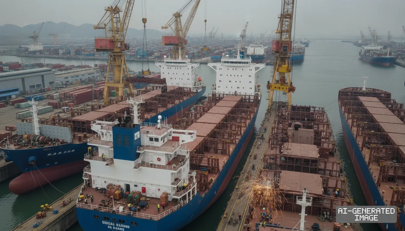 Containerships stand under construction along dry docks beneath towering cranes at a busy commercial shipyard. (AI-generated image)