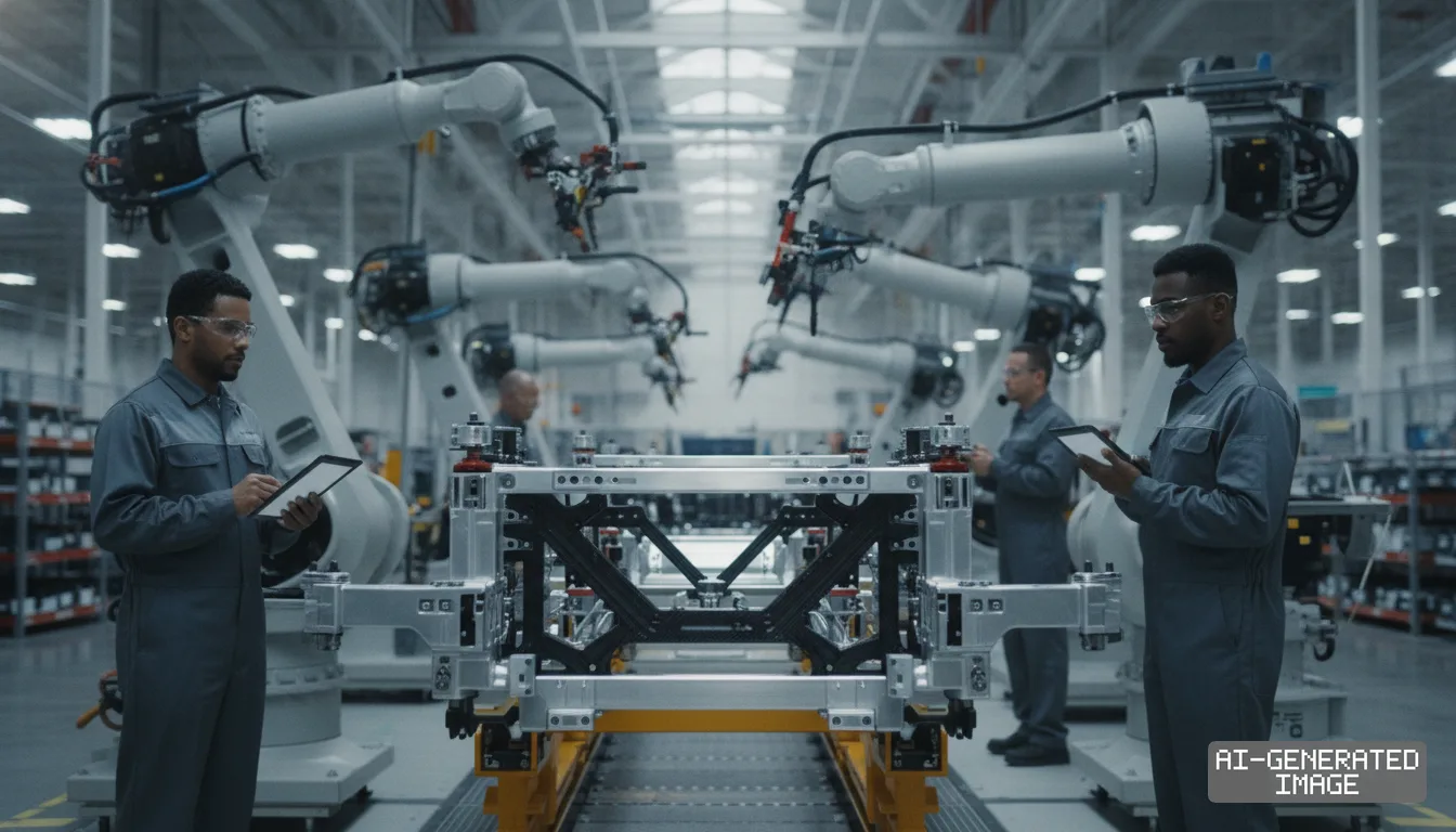 Technicians with tablets inspect a vehicle chassis alongside industrial robotic arms in an automotive assembly plant. (AI-generated image)