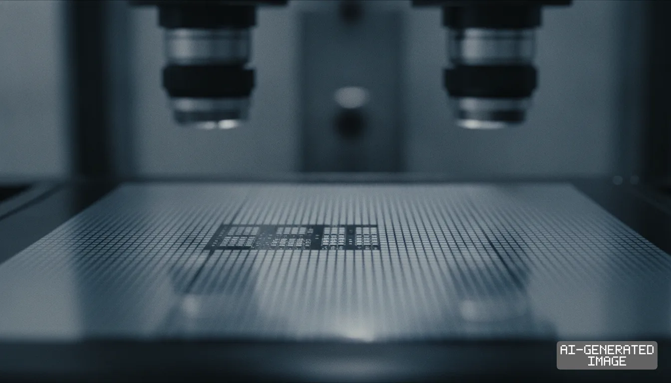 Microscope lenses inspect an integrated circuit pattern on a semiconductor wafer during the chip production process. (AI-generated image)