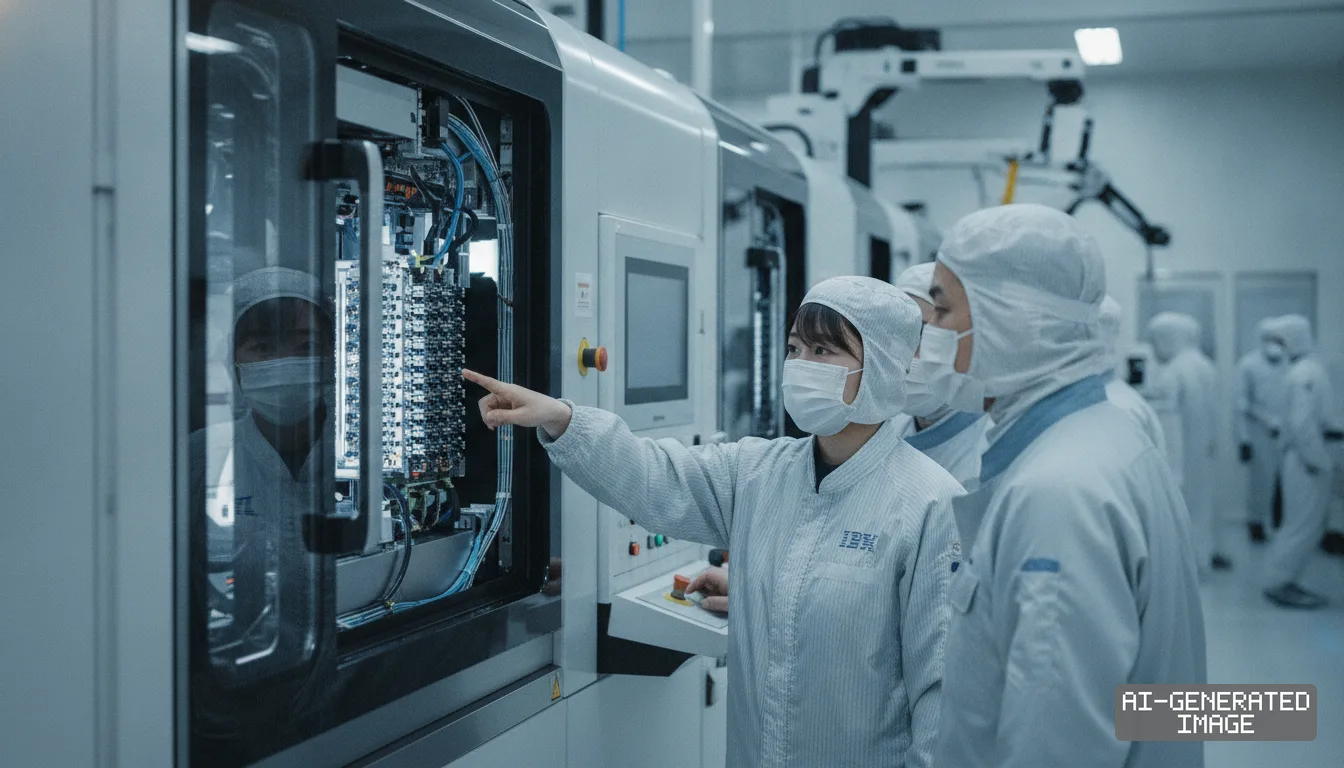 An engineer in a protective cleanroom suit points to internal components of semiconductor manufacturing machinery. (AI-generated image)