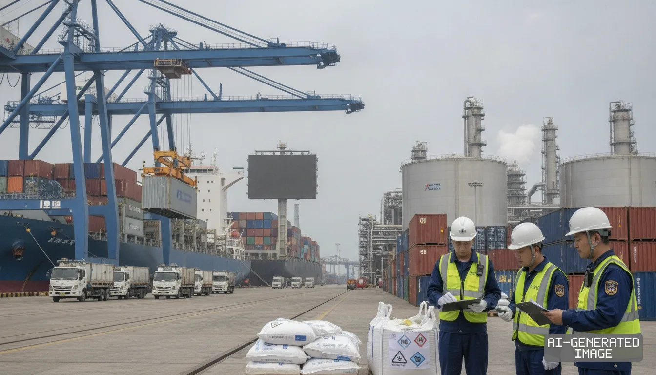 Chinese customs inspectors review cargo documents beside bagged materials at an industrial shipping port. (AI-generated image)