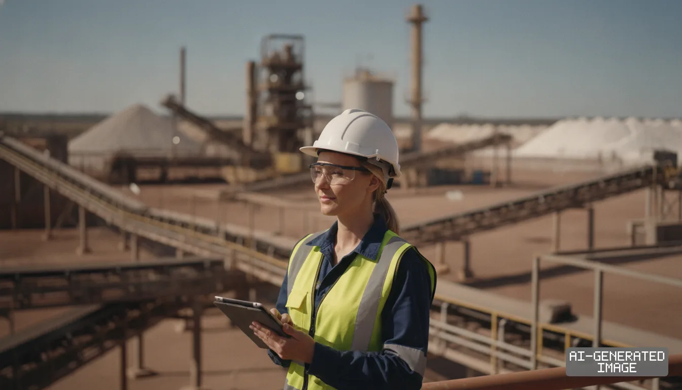 A worker holds a digital tablet at a mineral processing facility equipped with conveyor belts and industrial towers. (AI-generated image)