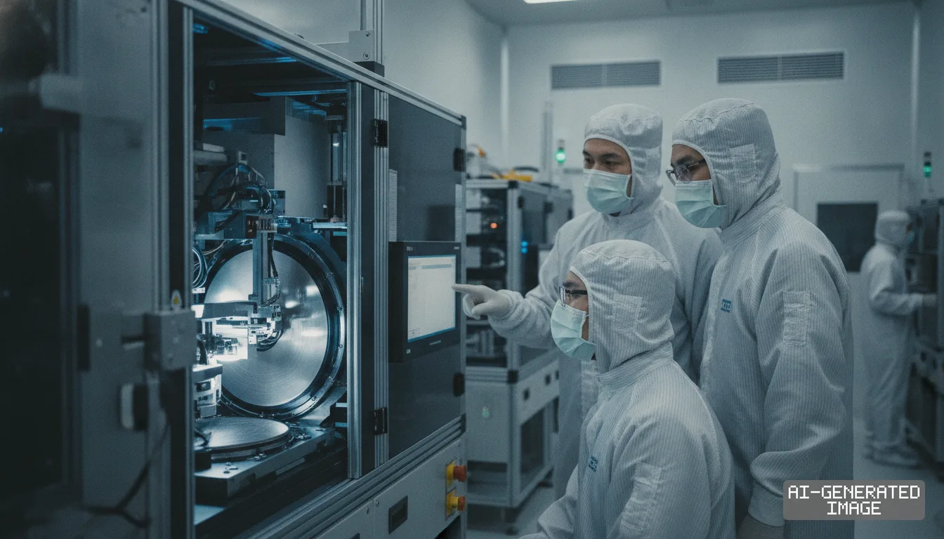 Technicians in protective cleanroom suits monitor wafer processing equipment and a display screen inside an advanced semiconductor facility. (AI-generated image)