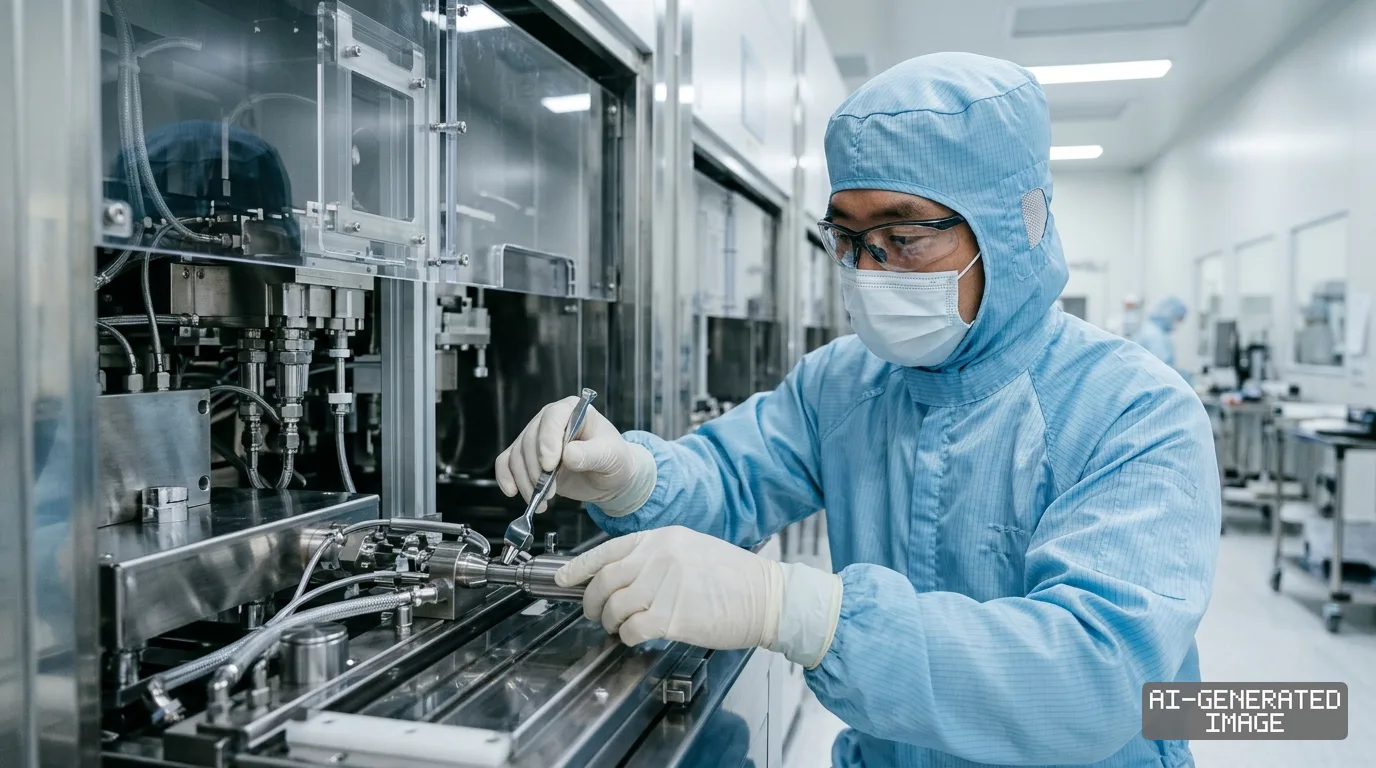 A technician in protective cleanroom gear adjusts components on wafer-cleaning machinery inside a manufacturing facility. (AI-generated image)