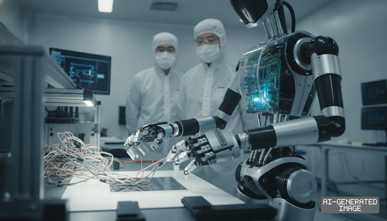 A humanoid robot manipulates a wiring harness on a cleanroom table as two technicians in protective suits watch. (AI-generated image)