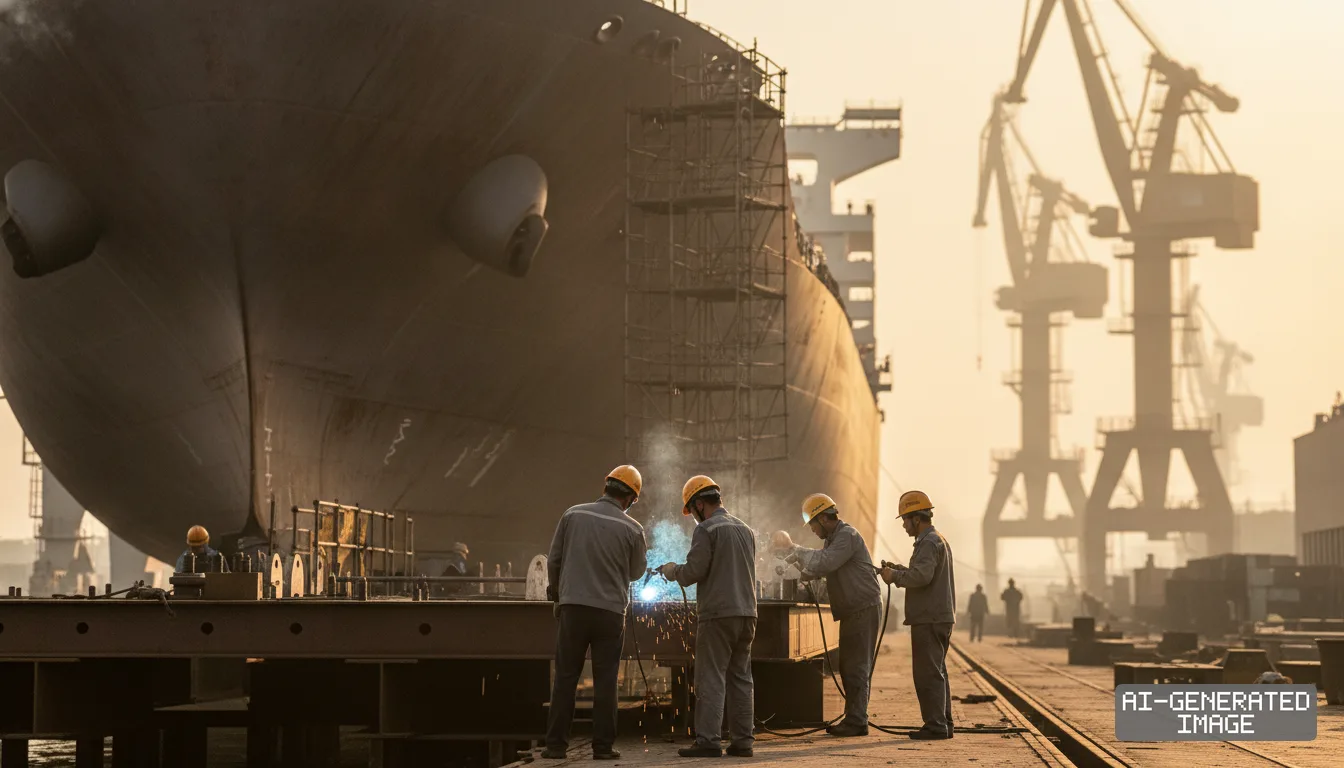 Shipyard workers weld steel components in front of a massive vessel hull and towering cranes. (AI-generated image)