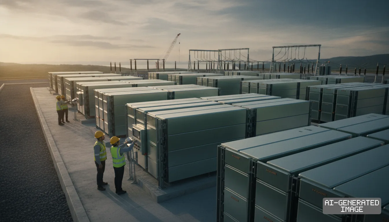 Workers in safety gear inspect rows of large battery energy storage systems at an outdoor electrical power facility. (AI-generated image)
