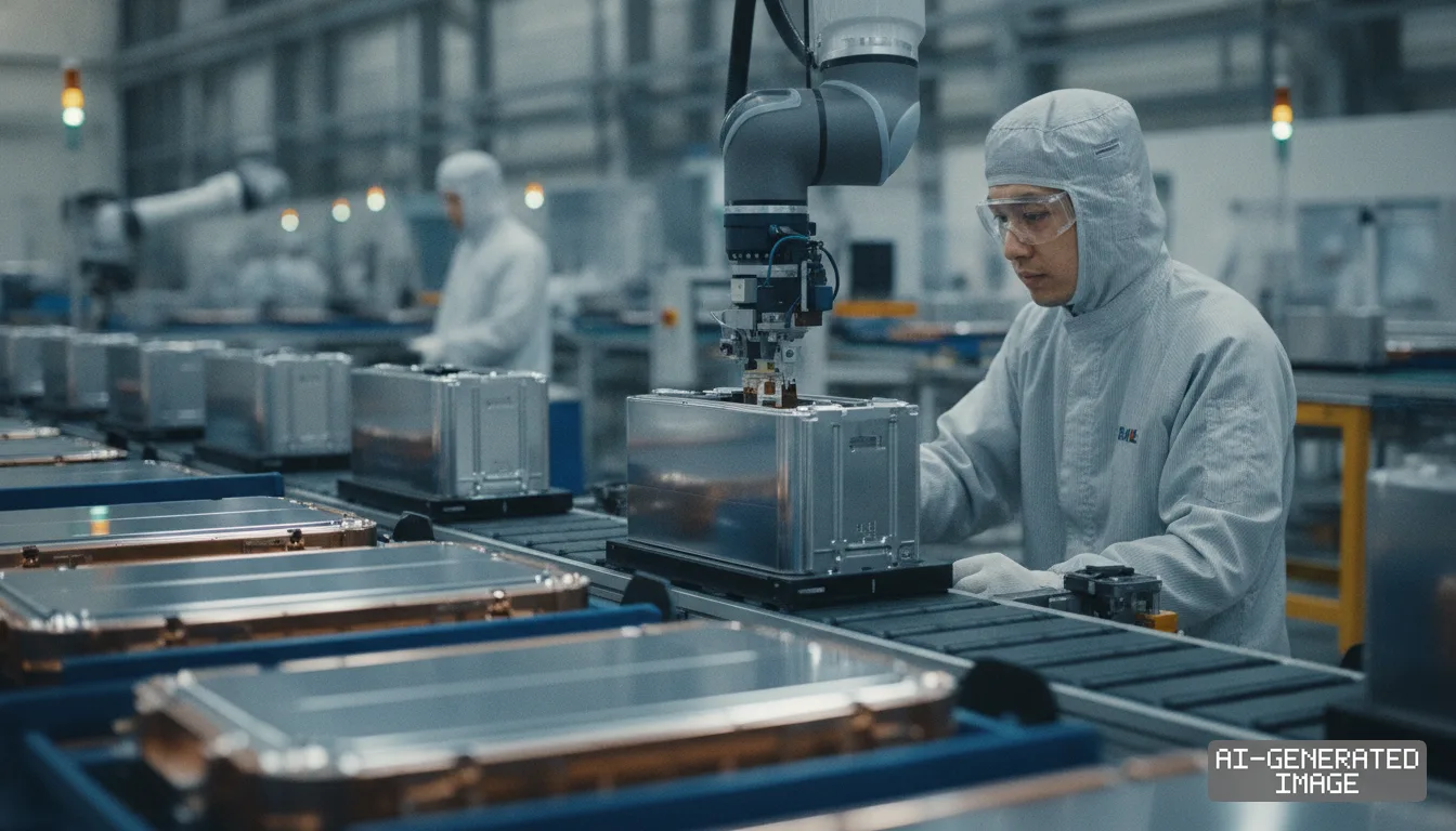 A technician in protective gear oversees a robotic arm assembling metal battery components on a factory conveyor line. (AI-generated image)