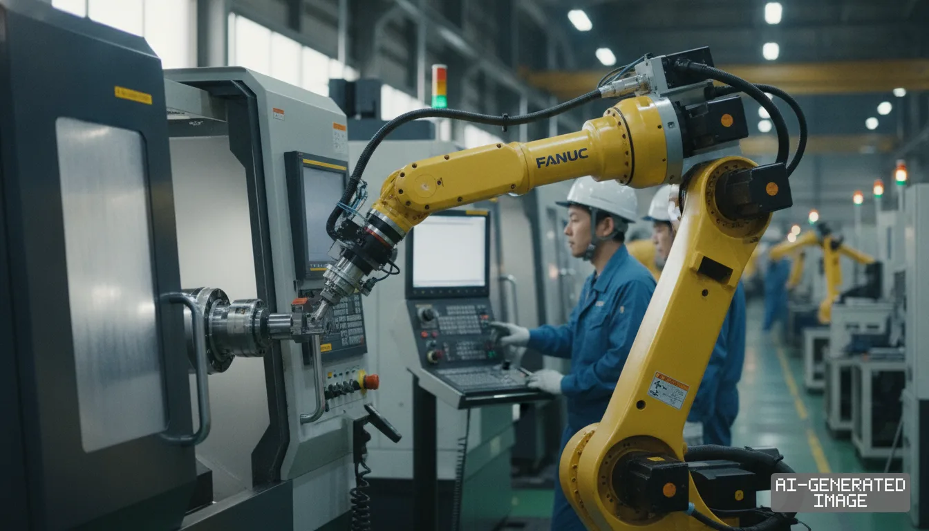 A yellow Fanuc robotic arm operates alongside factory workers monitoring automated machine tools in a manufacturing plant. (AI-generated image)