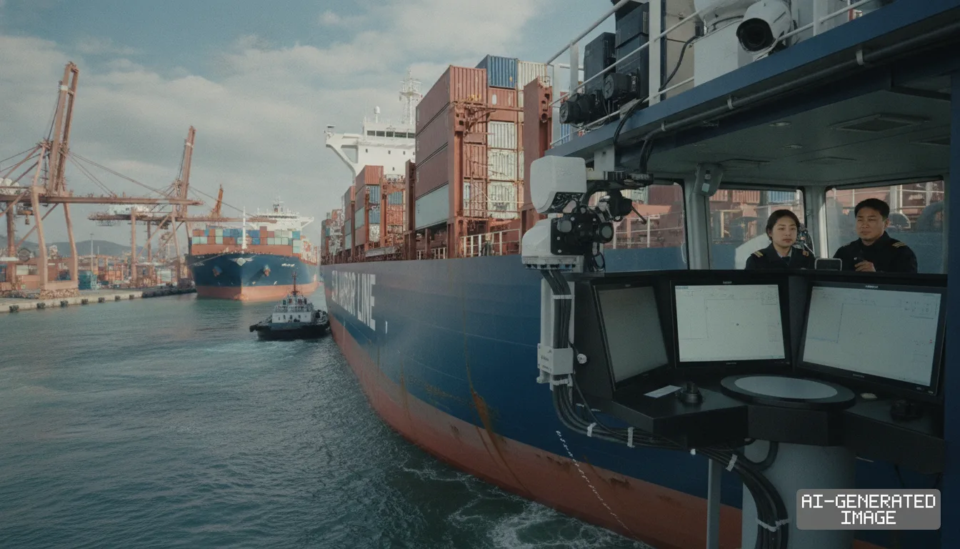 Crew members monitor sensor displays from a ship's bridge wing as a large container vessel maneuvers through a commercial harbor. (AI-generated image)