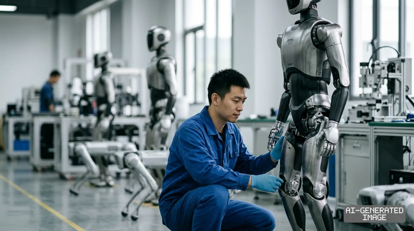 A technician inspects a humanoid robot on a manufacturing floor alongside quadruped robots. (AI-generated image)