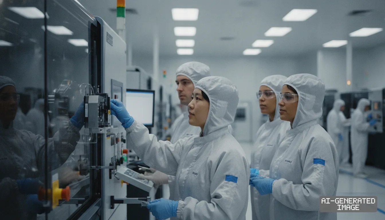 Technicians wearing cleanroom suits operate equipment and monitor control panels inside a semiconductor fabrication facility. (AI-generated image)