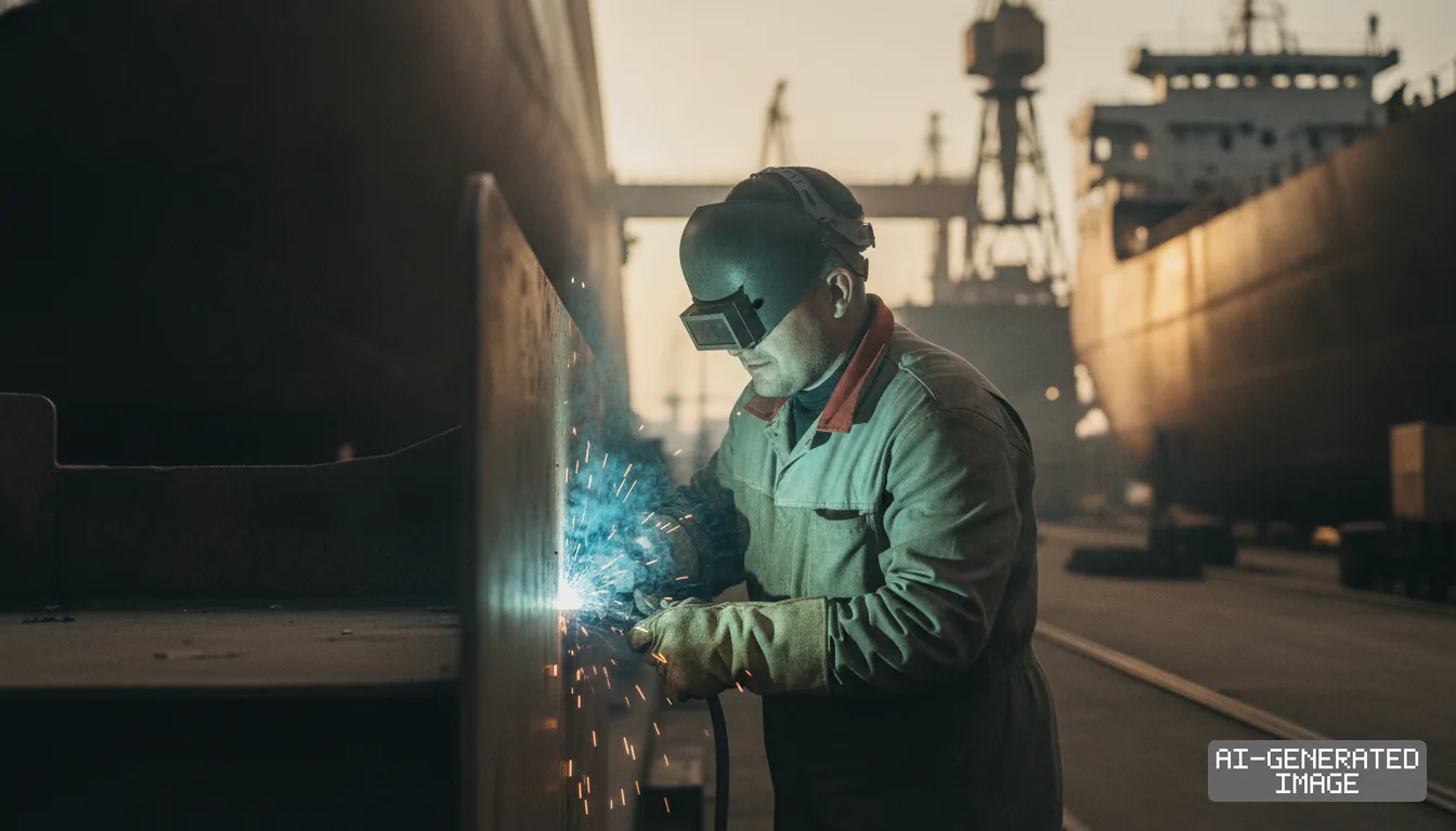 A worker wearing protective gear welds a steel structure at a shipyard with large vessels in the background. (AI-generated image)