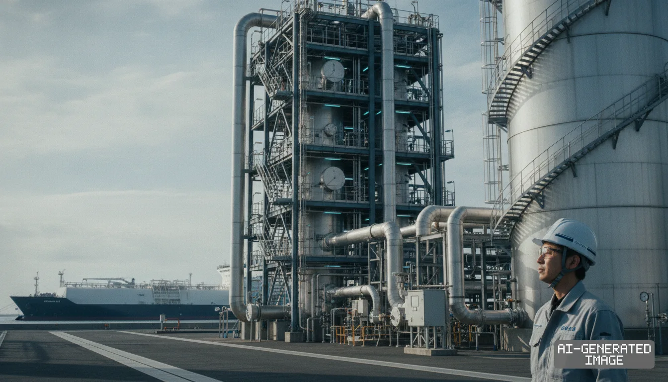 A worker stands before industrial processing towers and piping at a hydrogen terminal with a large vessel in the harbor. (AI-generated image)