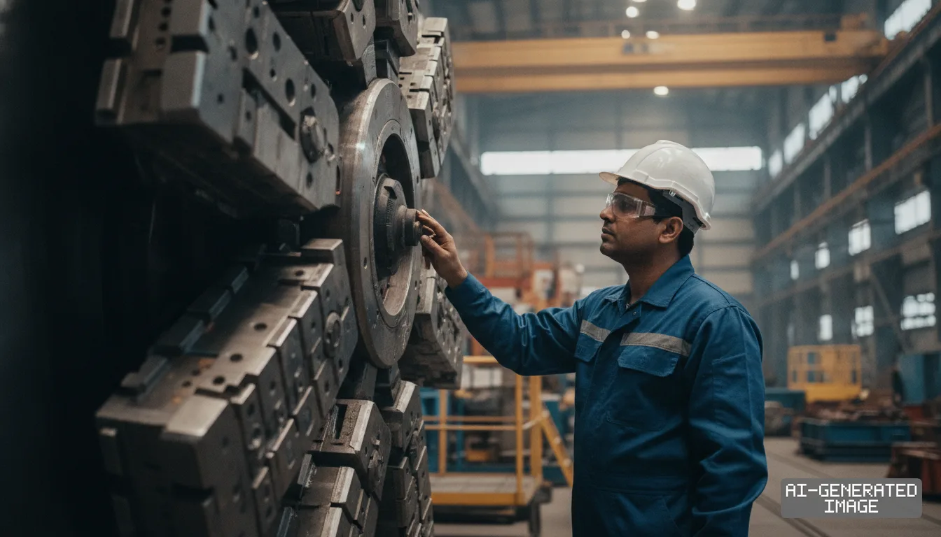 A worker inspects heavy industrial machinery inside a plant as India seeks domestic manufacturing of tunnel boring equipment. (AI-generated image)