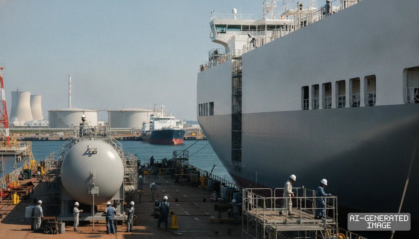 Shipyard workers labor beside a large vessel and a cylindrical tank at a coastal industrial port facility. (AI-generated image)