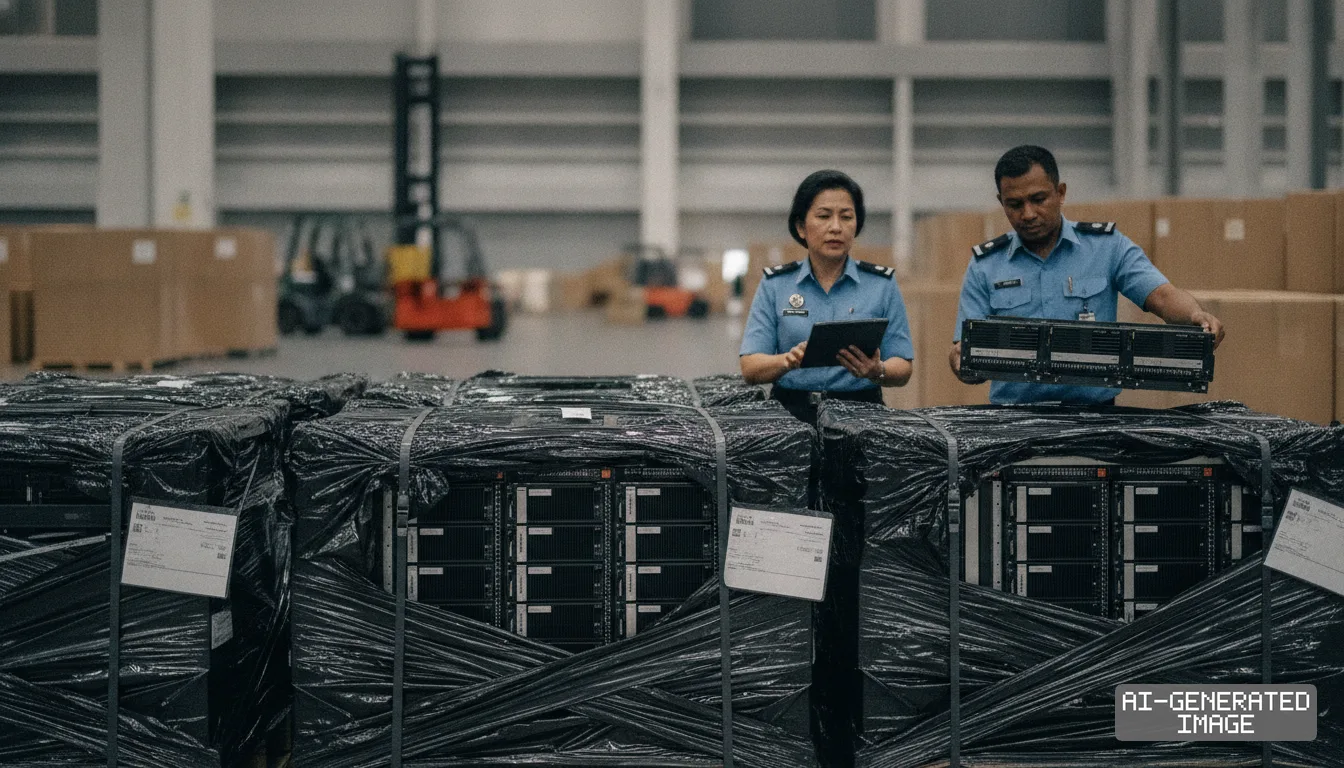 Customs officers inspect seized computer servers wrapped in black plastic inside an airport warehouse. (AI-generated image)