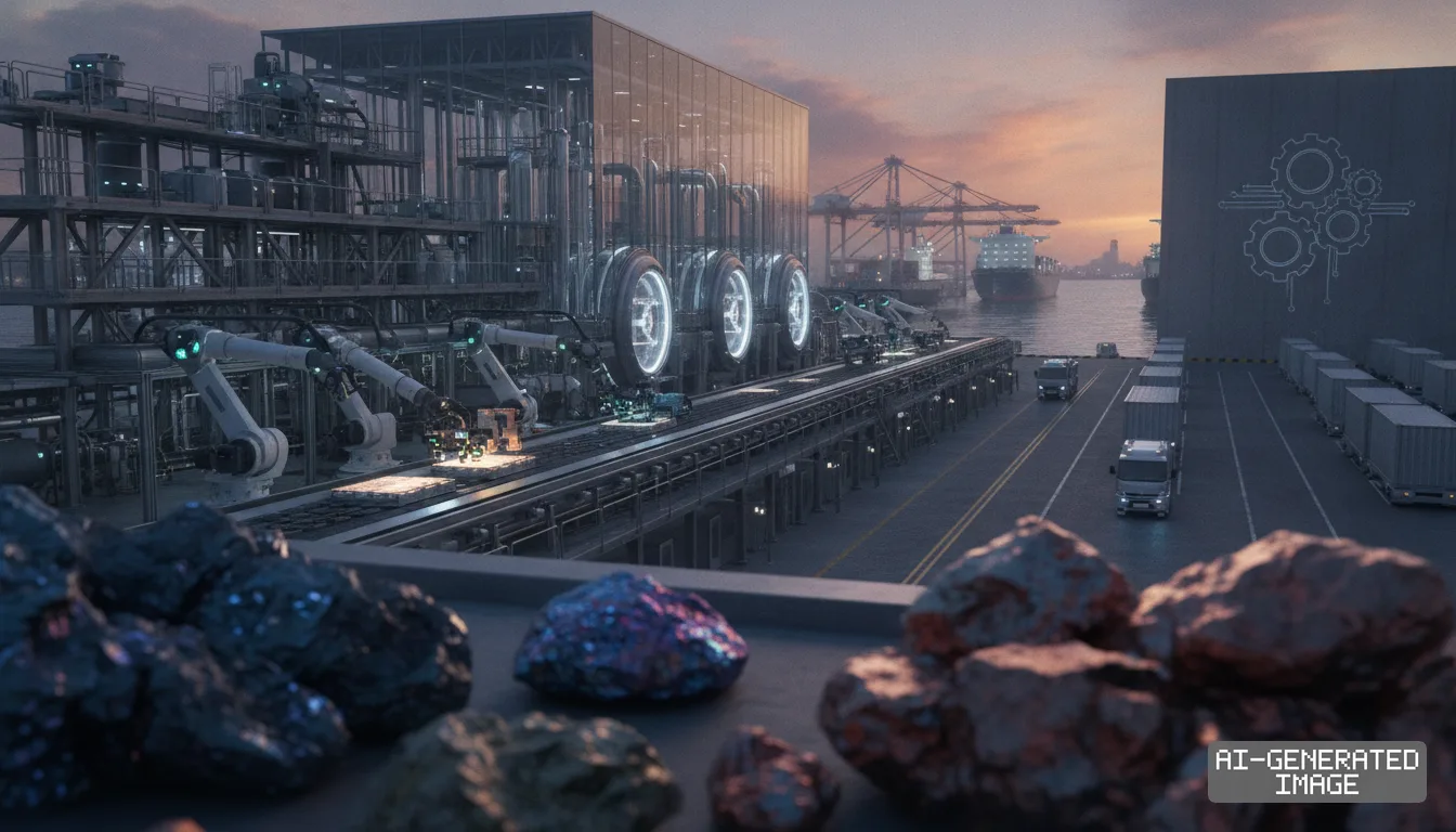 Mineral specimens sit before an automated industrial plant and cargo shipping port that support manufacturing supply chains. (AI-generated image)