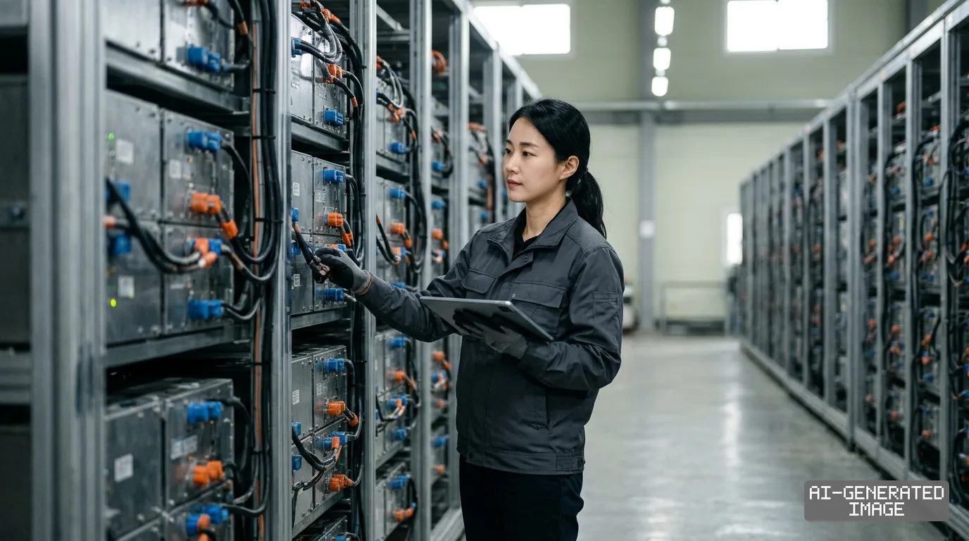A technician holds a tablet while inspecting battery modules on racks inside an energy storage facility. (AI-generated image)