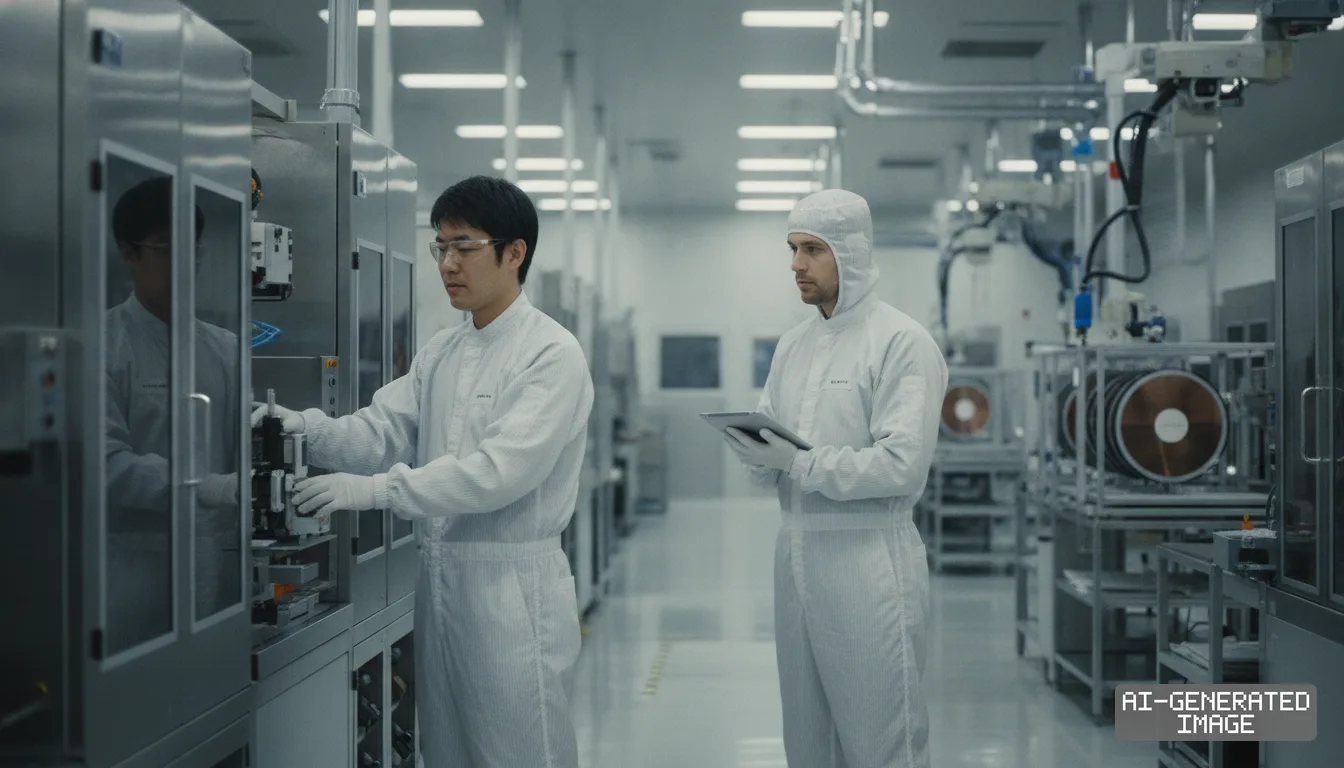 Engineers inspect equipment inside a cleanroom facility as part of the joint Japan-U.S. semiconductor manufacturing initiative. (AI-generated image)