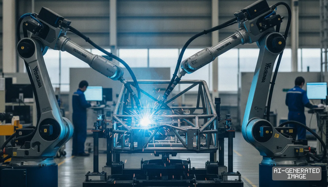 Two Yaskawa robotic arms weld a metal roll-cage structure inside a factory as technicians work in the background. (AI-generated image)