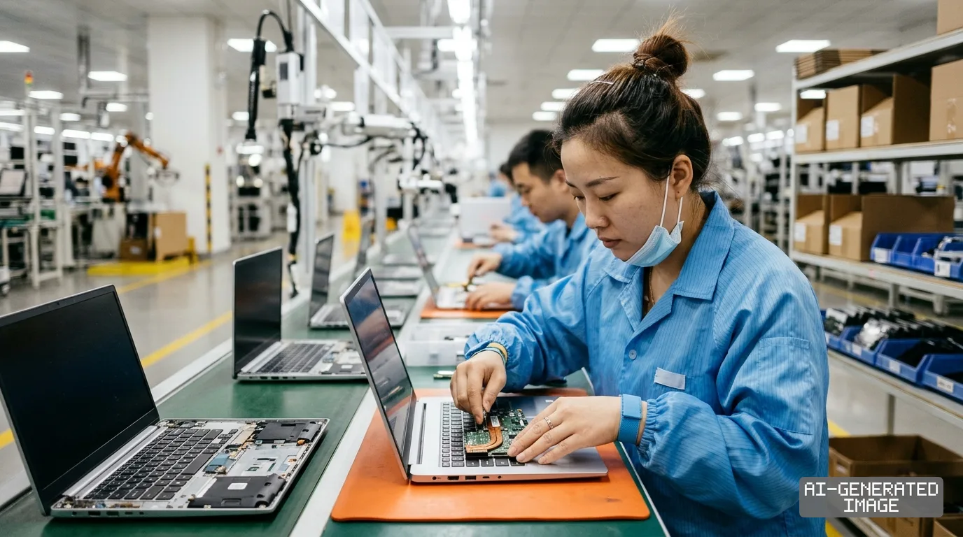 Workers assemble laptop computers on an electronics manufacturing line as personal computer makers adjust assembly operations. (AI-generated image)