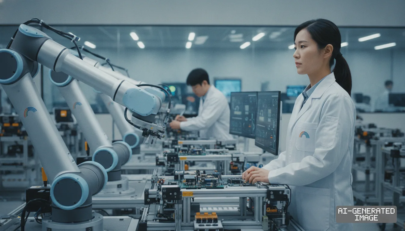 Engineers work alongside robotic arms and inspect circuit boards on an automated assembly line inside a robotics facility. (AI-generated image)