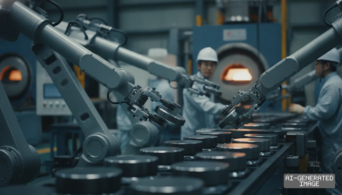 Robotic arms move round metal discs along a factory conveyor line while technicians in hard hats work near an industrial furnace. (AI-generated image)