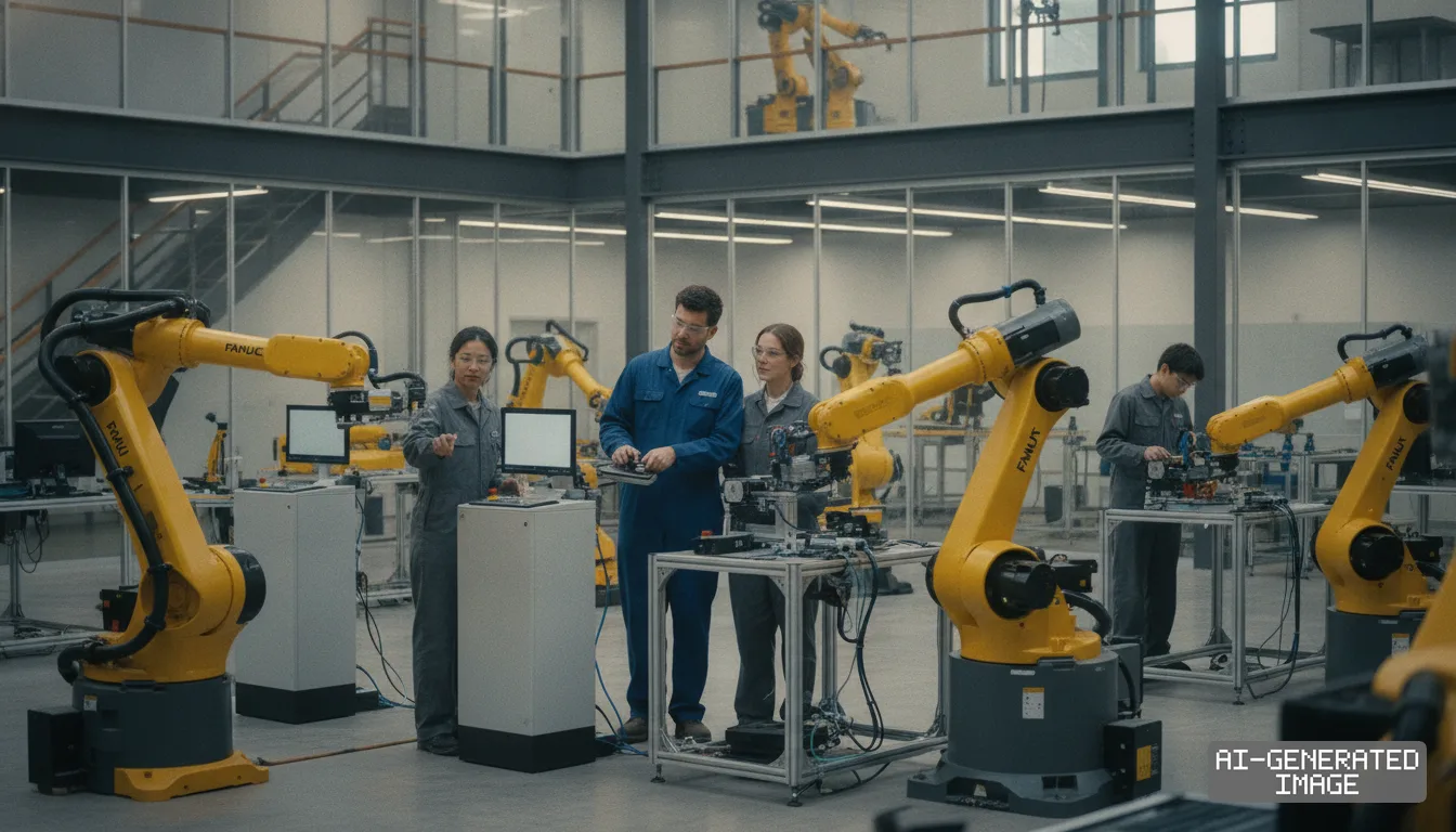 Workers operate and program industrial robotic arms inside FANUC's robotics training academy in Auburn Hills, Michigan. (AI-generated image)