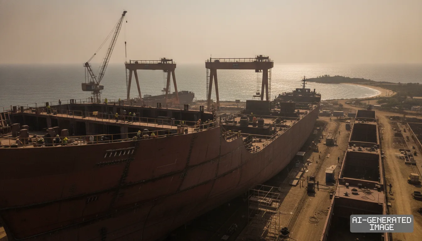Workers construct a large vessel at a coastal shipyard as India partners with HD Hyundai to expand commercial shipbuilding. (AI-generated image)