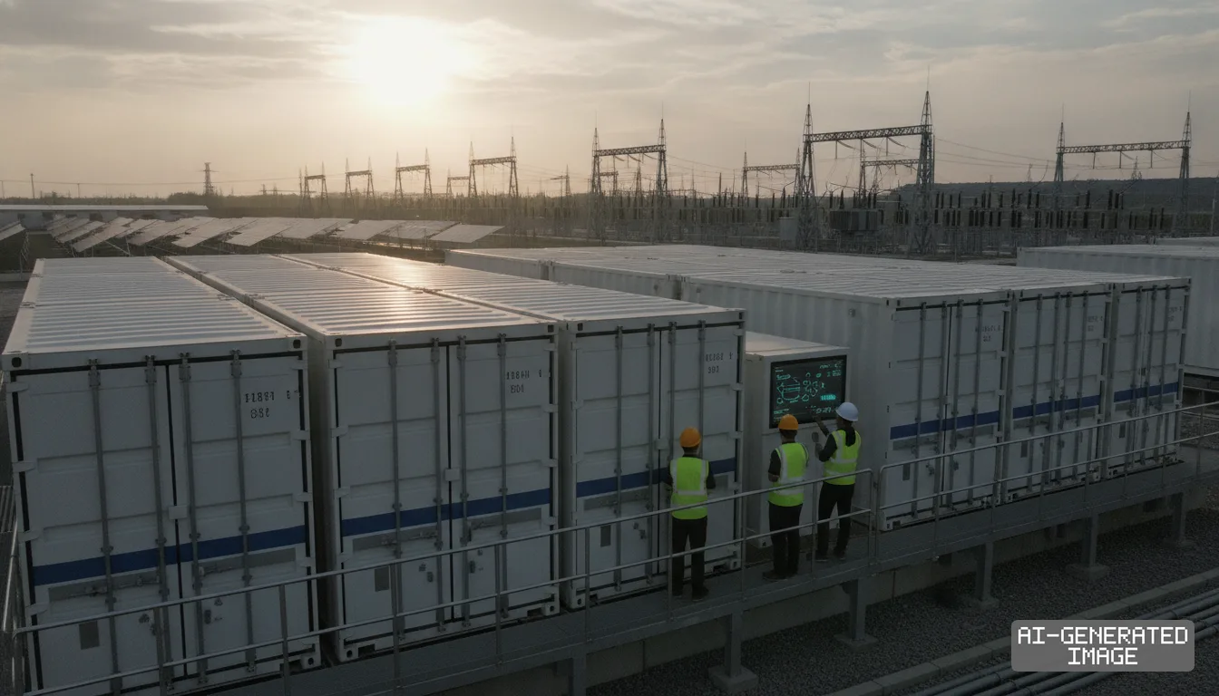 Workers examine a display monitor on containerized battery storage units installed near an electrical substation. (AI-generated image)