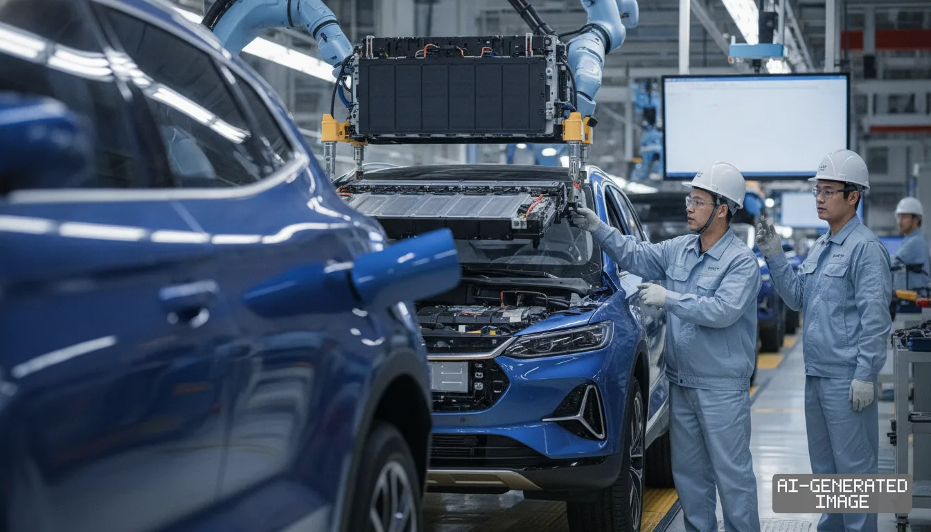 Factory workers oversee a robotic arm installing a battery pack into a blue sport-utility vehicle on an assembly line. (AI-generated image)
