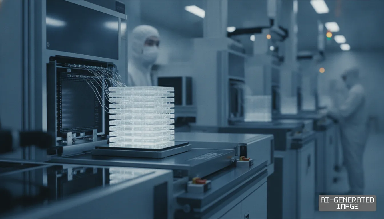 Technicians in cleanroom suits monitor automated equipment holding an illuminated, stacked semiconductor memory component. (AI-generated image)