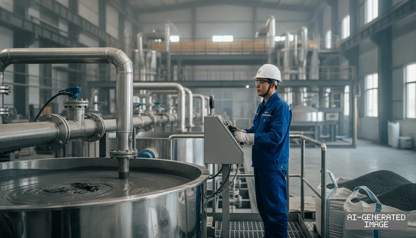 A worker operates a control panel beside a large vat filled with dark slurry inside a graphite processing plant. (AI-generated image)
