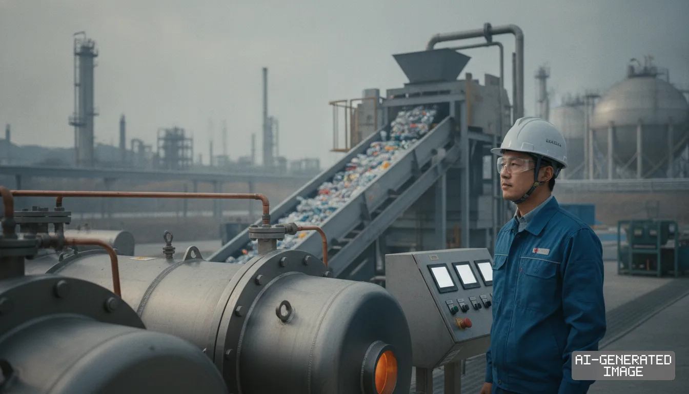 An operator stands beside processing equipment as plastic waste moves up a conveyor belt at a pyrolysis facility. (AI-generated image)