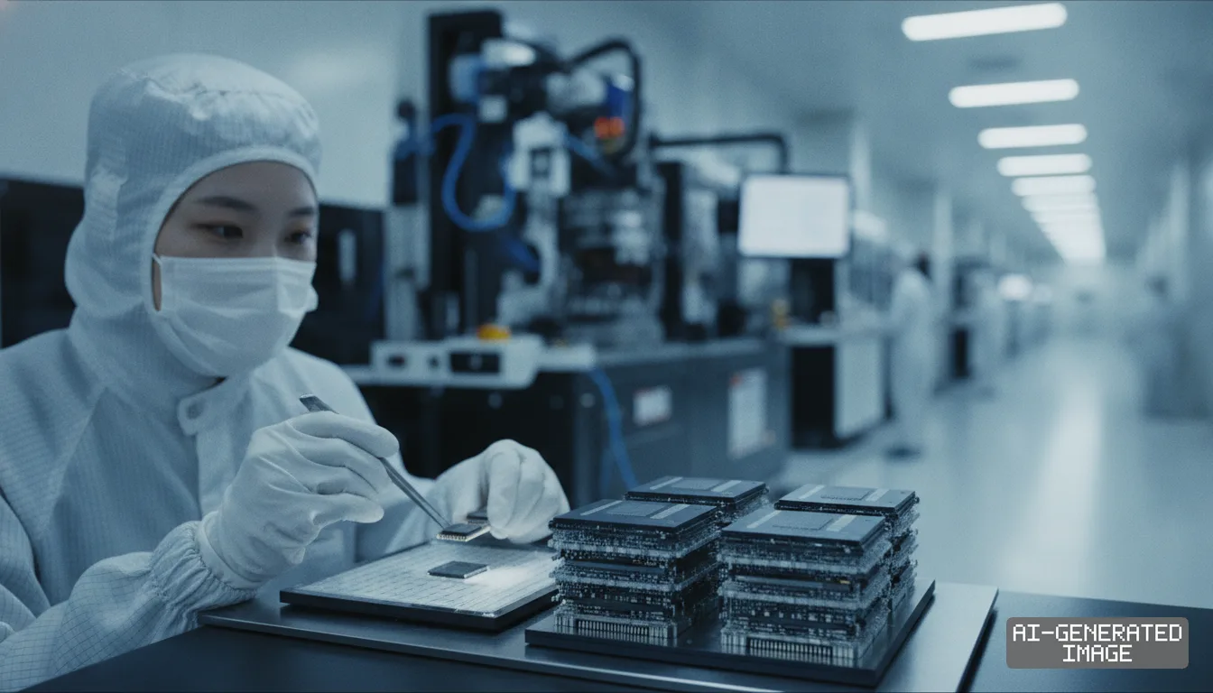 A technician in a cleanroom suit uses tweezers to inspect semiconductor chips inside a high-tech fabrication facility. (AI-generated image)