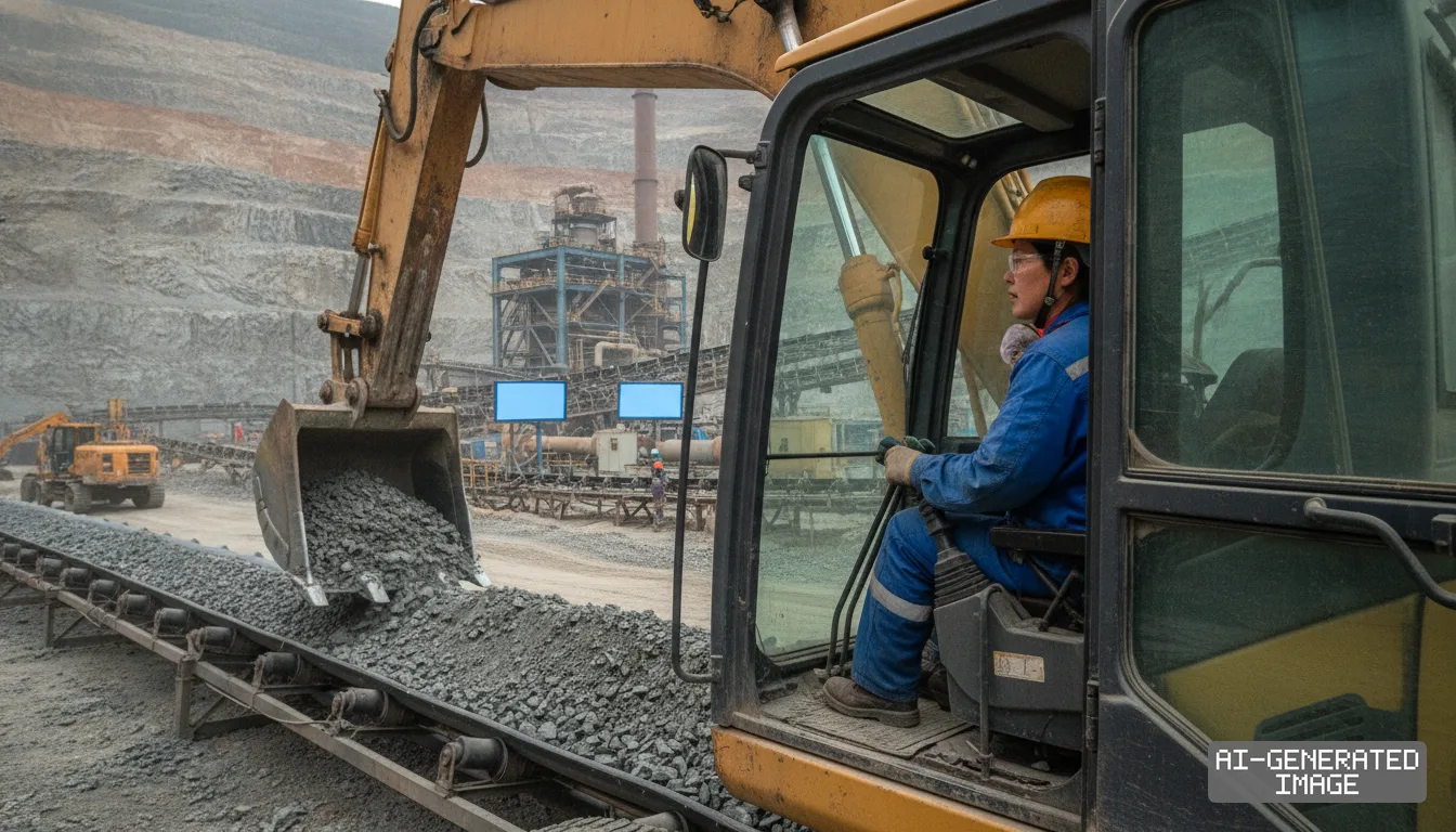 An excavator operator loads mined rock onto a conveyor belt at an open-pit mining facility in China. (AI-generated image)