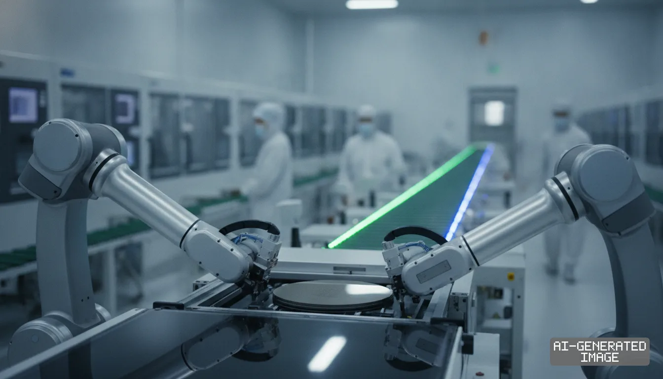 Robotic arms handle a semiconductor wafer on an automated cleanroom line while technicians in protective suits work in the background. (AI-generated image)