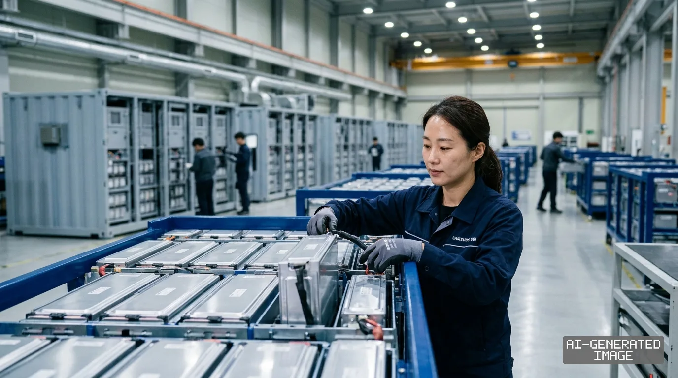 A worker assembles battery modules for energy storage systems inside a Samsung SDI manufacturing facility. (AI-generated image)