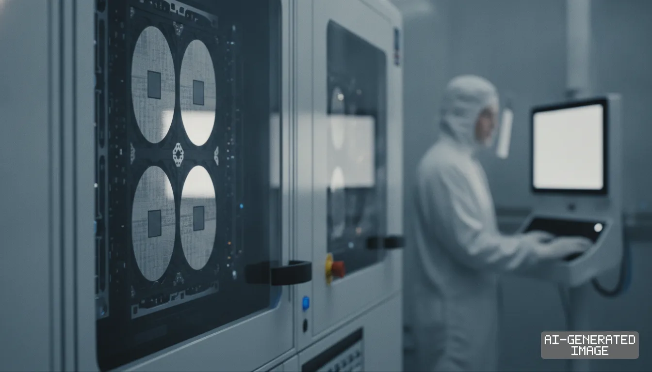 A worker in a cleanroom suit types at a computer terminal beside silicon wafer processing equipment in a semiconductor fabrication plant. (AI-generated image)