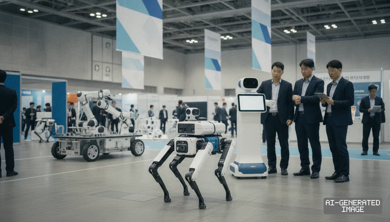 Buyers inspect quadruped and wheeled robots during an industry procurement session in Seoul. (AI-generated image)
