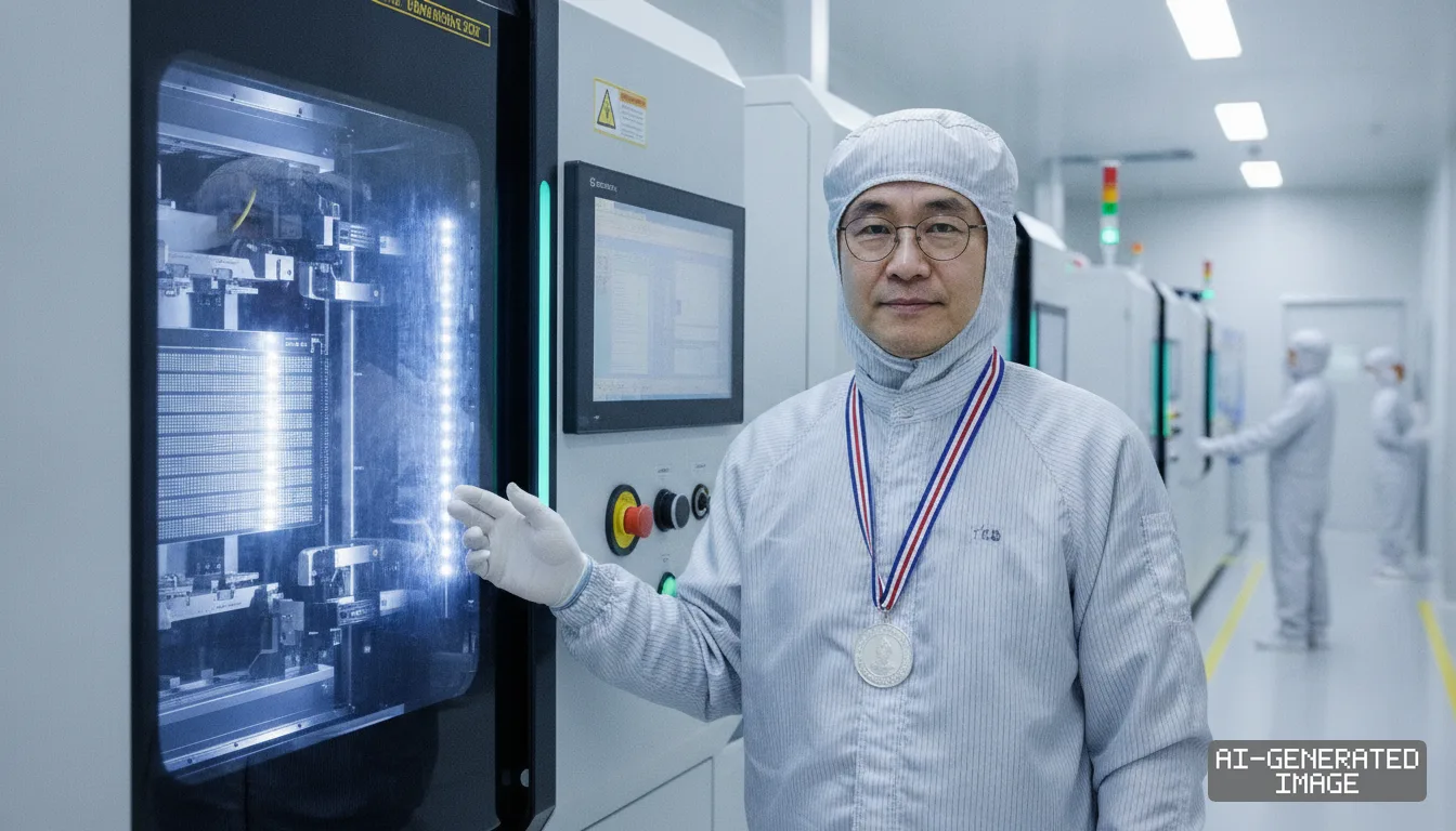 An engineer wearing a medal and protective cleanroom attire gestures toward semiconductor manufacturing machinery inside a facility. (AI-generated image)