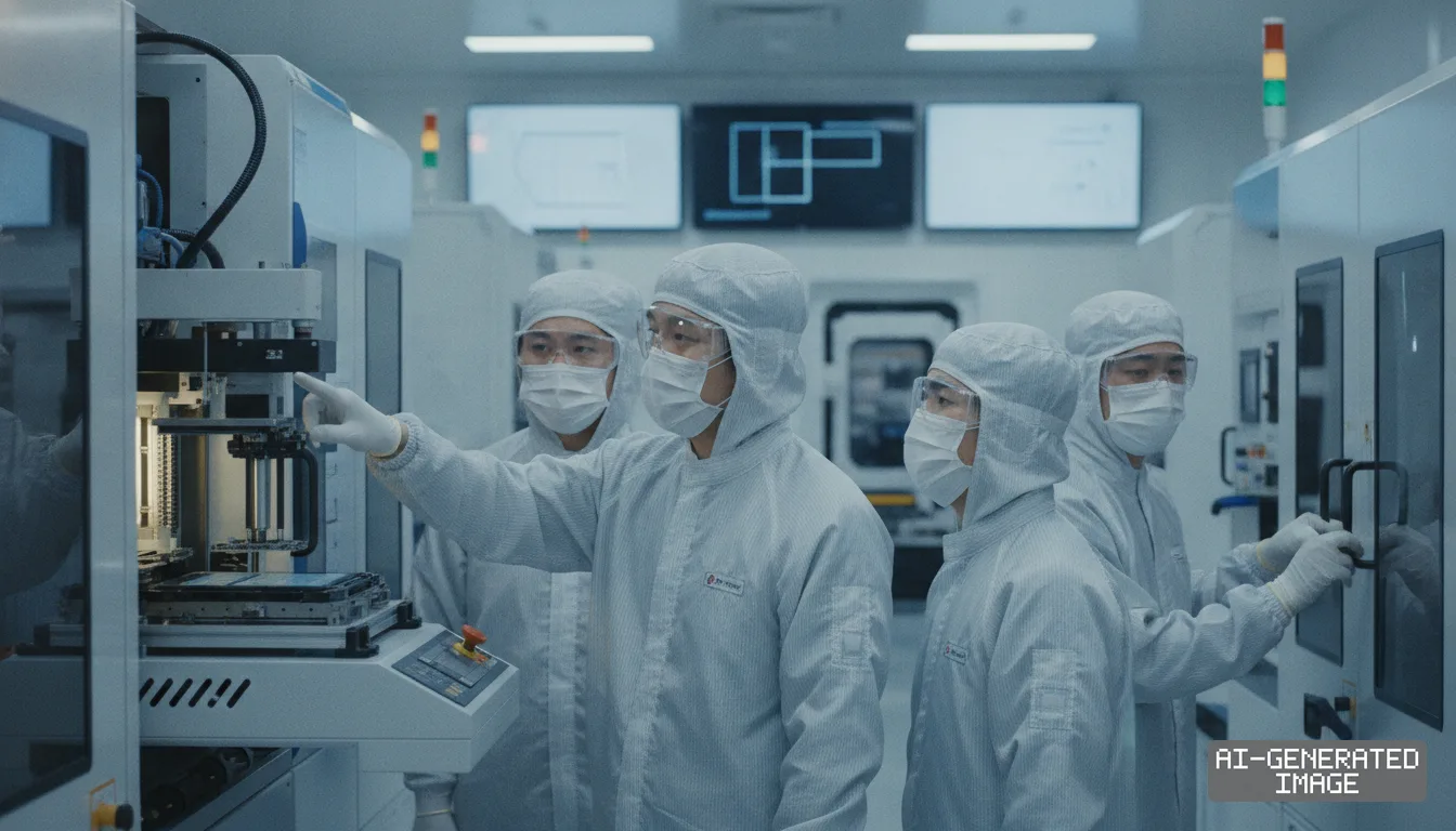 Technicians wearing protective cleanroom gear inspect automated equipment inside a semiconductor production facility in South Korea. (AI-generated image)