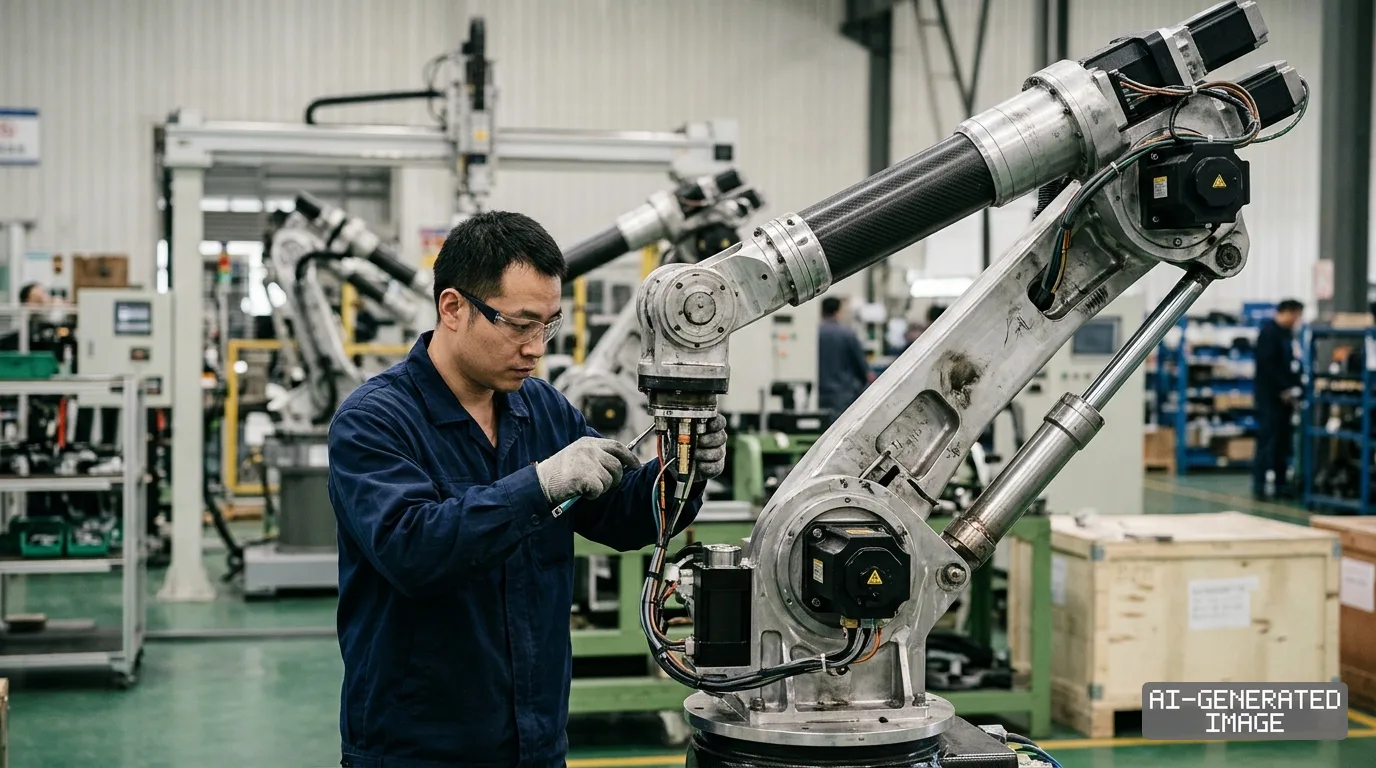 A technician inspects wiring on an industrial robotic arm inside a machinery manufacturing facility. (AI-generated image)