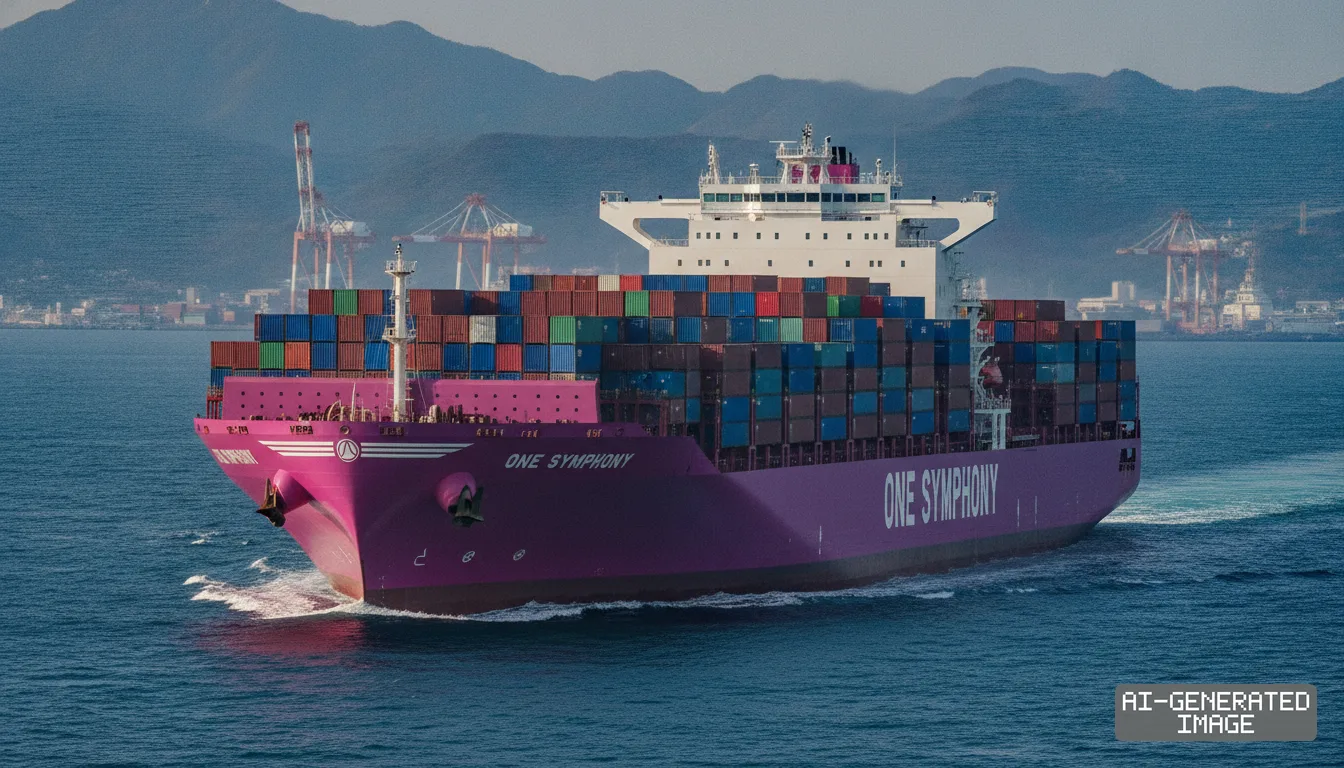 The container ship ONE Symphony carries stacks of cargo containers across coastal waters following delivery to Ocean Network Express. (AI-generated image)