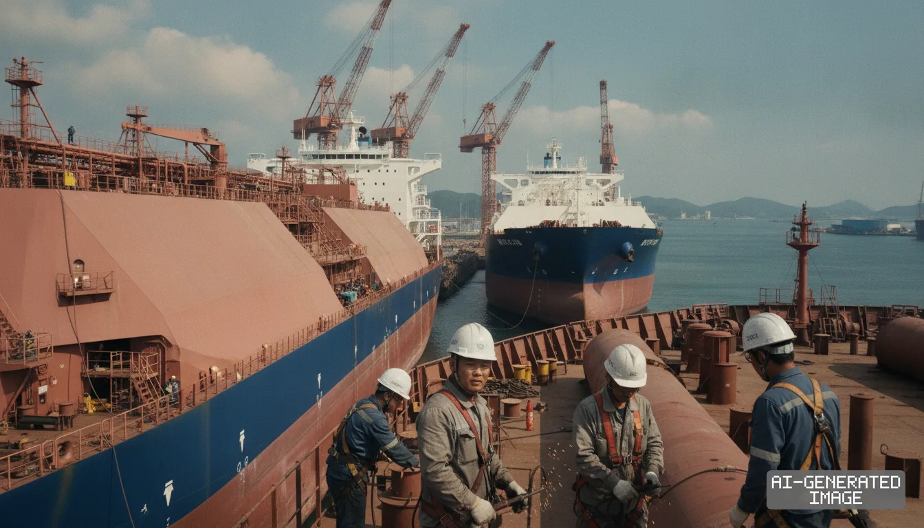 Shipyard workers in protective gear work on a vessel deck as large gas carriers sit docked beside cranes. (AI-generated image)