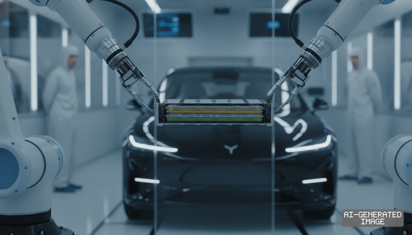 Robotic arms hold an electric vehicle battery pack in front of an electric sedan and two technicians in a cleanroom facility. (AI-generated image)