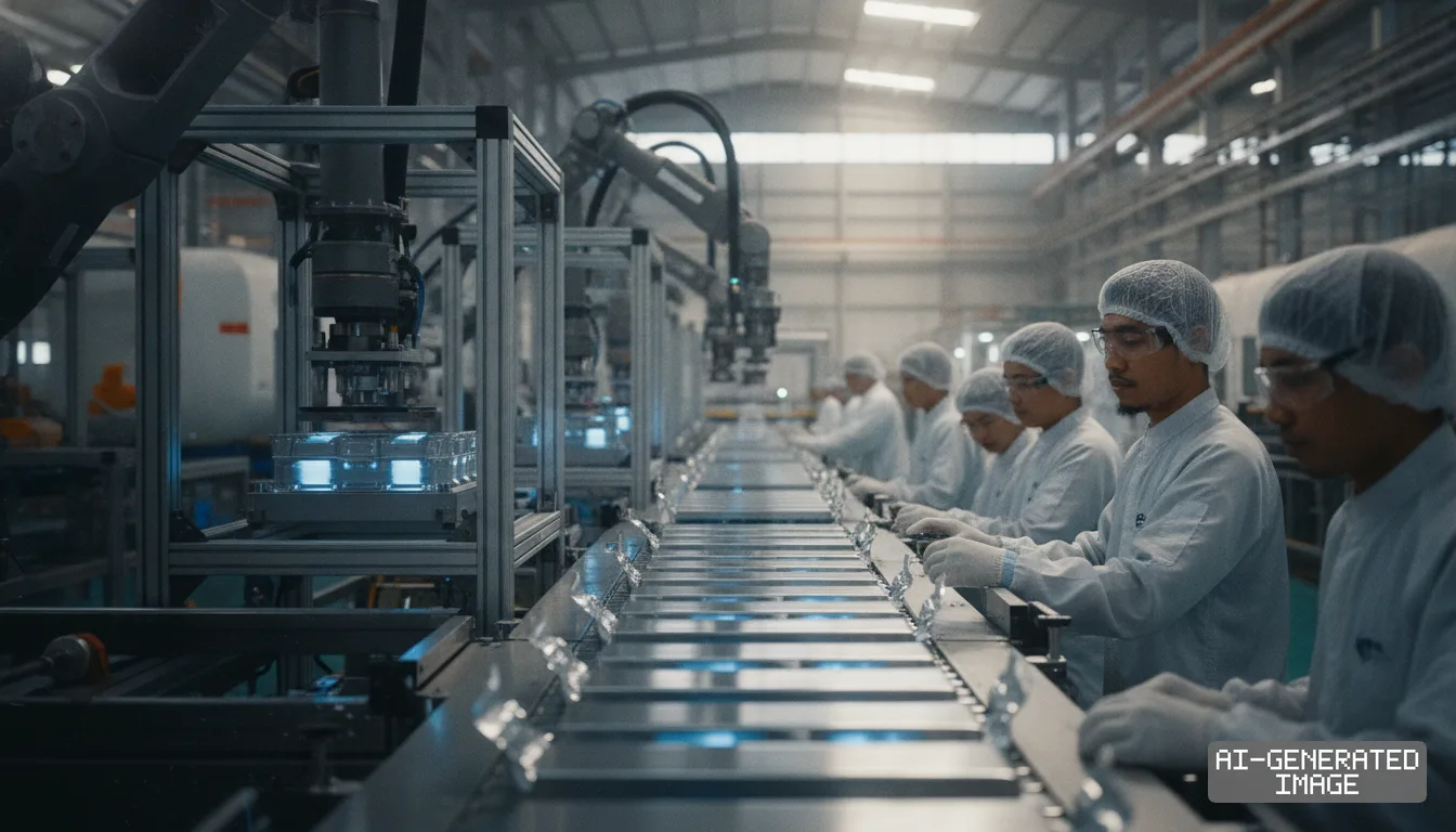 Workers assemble battery cells along an automated conveyor line equipped with robotic arms. (AI-generated image)