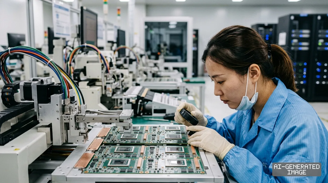A technician inspects advanced computing circuit boards with a magnifying glass inside a high-tech electronics facility. (AI-generated image)