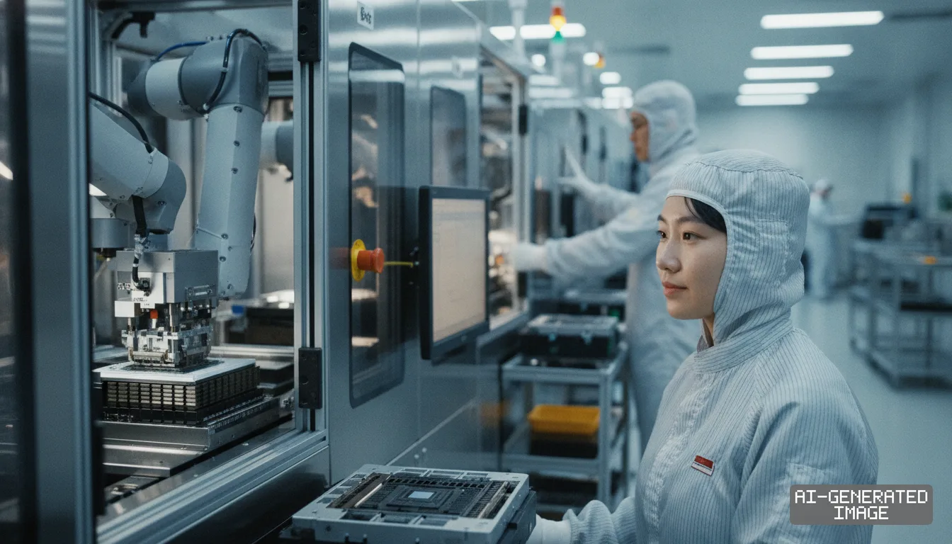 Workers in cleanroom suits monitor automated robotic equipment handling semiconductor packaging inside a plant. (AI-generated image)